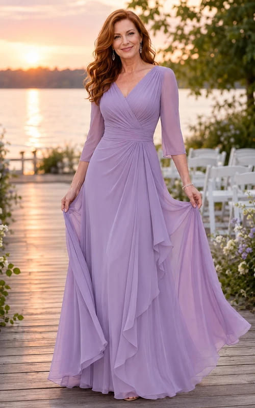 Lavendelfarbenes Chiffon-Kleid in A-Linie mit V-Ausschnitt und Kaskadenrüschen