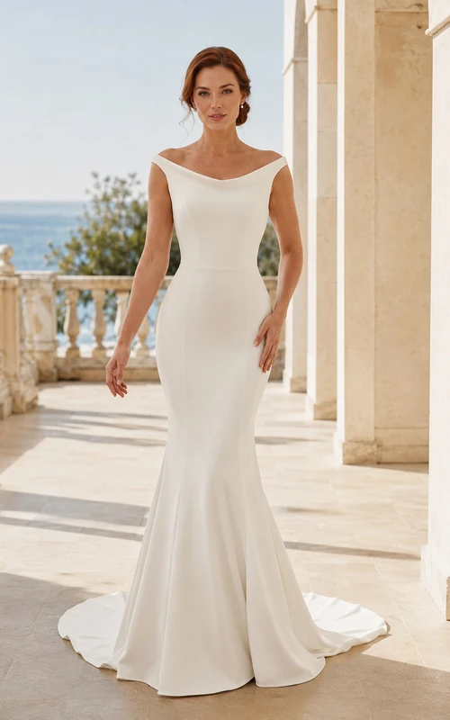 Vestido de novia de satén estilo sirena con escote barco, sin mangas, largo hasta el suelo y espalda baja en V.