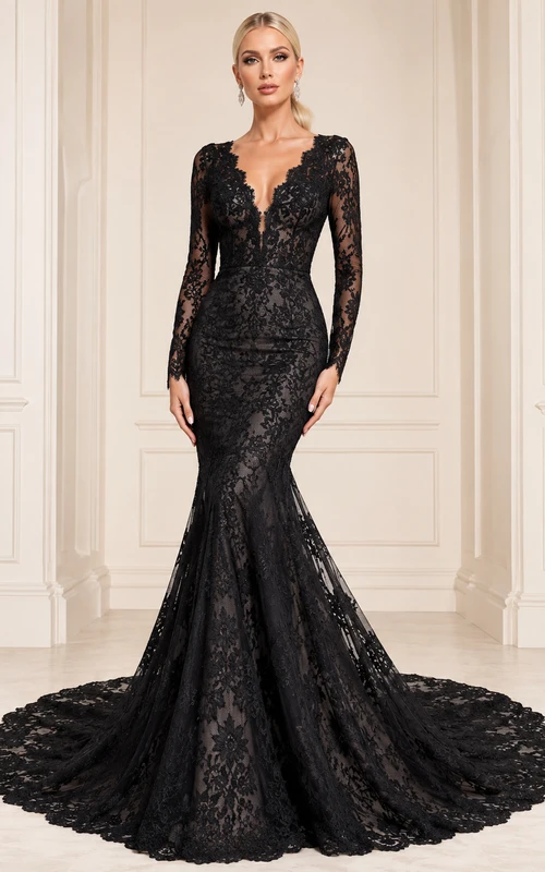 Robe de mariée gothique noire à col V en dentelle, manches longues sirène, traîne chapelle