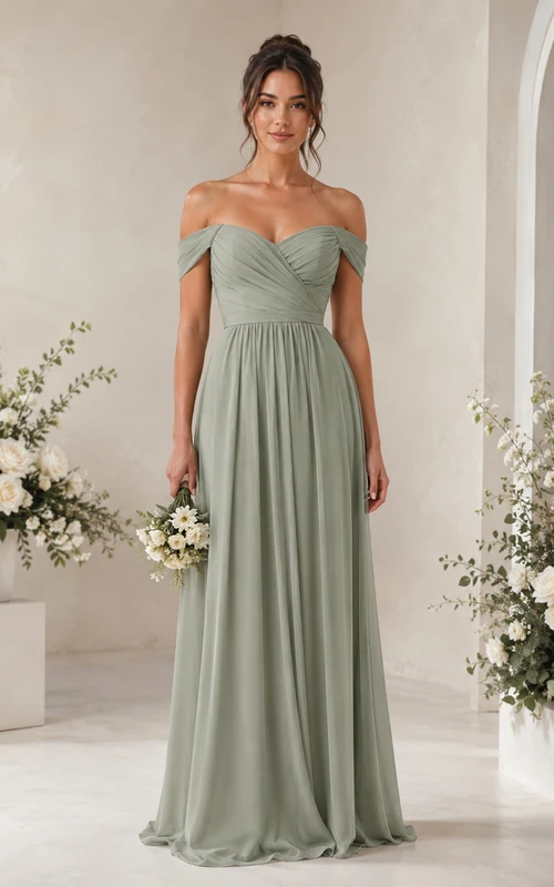 Sage Chiffon Off-the-shoulder A-Line Bridesmaid Dress