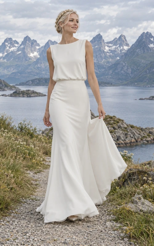 Sencillo vestido de novia de crepé sin mangas con escote barco, corte en A, corpiño tipo blusa y cola.