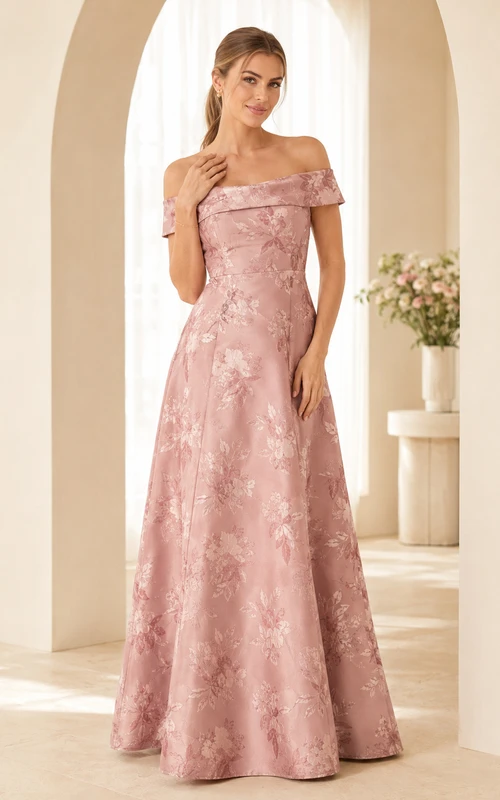Blush off shoulder floral lace floor length A-line formal dress
