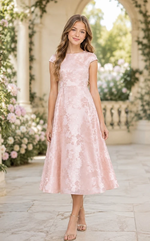 Zartrosa Brautjungfernkleid, A-Linie, Teelänge, mit Strasssteinen, kurzen Ärmeln, Satin, floralem Ausbrenner-Muster, Vintage-Stil