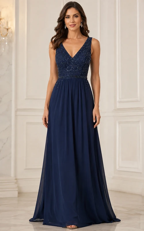 A-Linien-Brautjungfernkleid aus Chiffon mit V-Ausschnitt und Pailletten