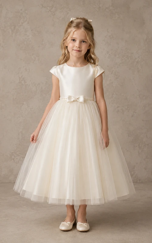 Vestido de niña de las flores, color marfil, encaje, tul, corte en A, cuello joya, largo hasta la rodilla.