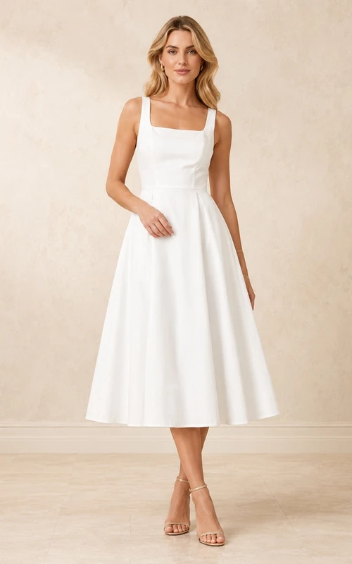 White Satin Spaghetti Strap Square Neck A-Line Tea-length Guest Dress