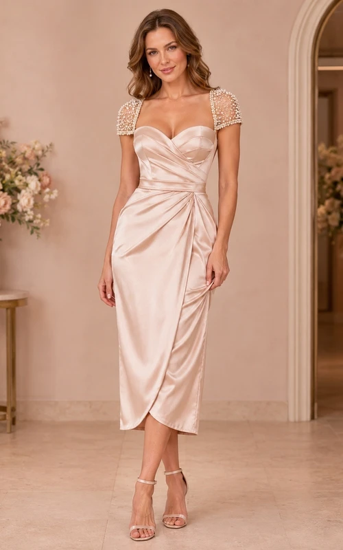 Blush Satin Sweetheart Short-Sleeve Ruched Tea-Length Formal Dress