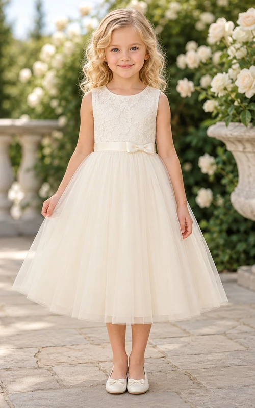 Lace Sleeveless Tulle Tea-Length A-Line Bow Garden Flower Girl Dress