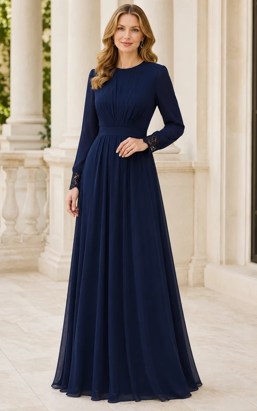 Robe de soirée bleu marine foncé en mousseline, coupe trapèze, col rond, manches longues, longueur au sol