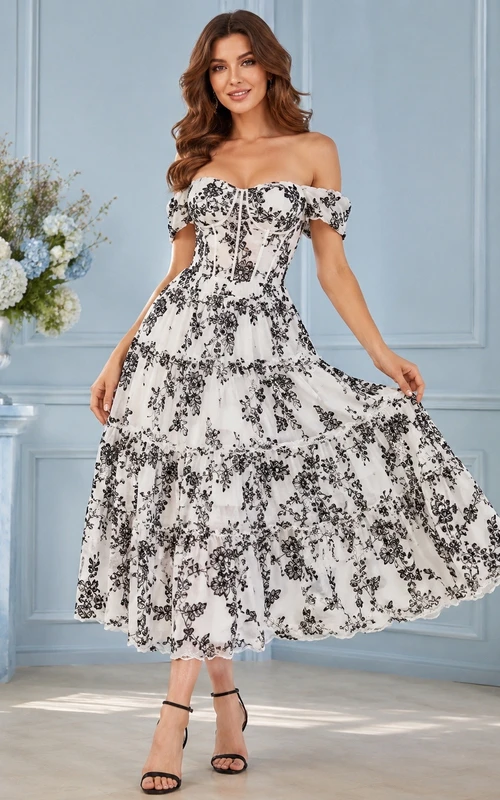 Black White Floral Lace Off Shoulder Short Sleeve Tea Dress
