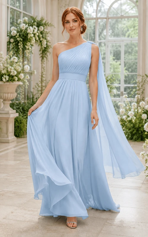 Vestido formal de gasa azul cielo de un solo hombro, corte en A con panel drapeado