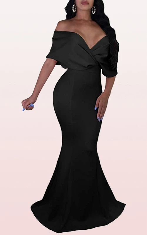 Robe de soirée sirène simple en satin, décolleté en V, épaules dénudées et bretelles croisées
