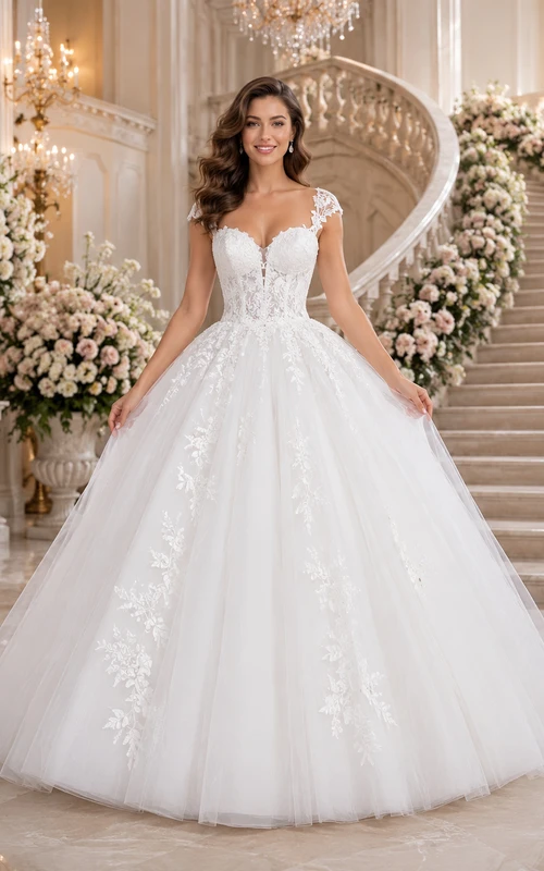 Brautkleid mit kurzen Ärmeln, floralen Applikationen und Tüll-Ballkleid