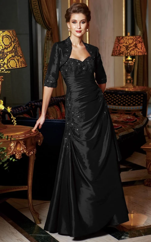 Langes, herzförmiges Brautmutterkleid mit Pailletten und halbärmeliger Jacke