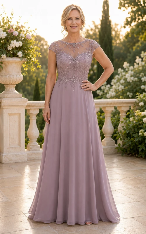 Lila Chiffon-Kleid in A-Linie mit perlenbesetztem Oberteil