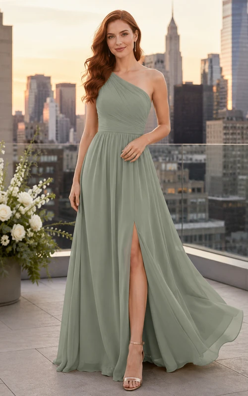 Upscale City Evening Sage Simple Elegant A-Line Chiffon Bridesmaid Dress with One-Shoulder Sleeveless Floor-Length Slit Skirt Pleated Open Back