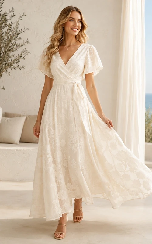 Bohemian Ivory V Neck Short Sleeve Floral Chiffon A Line Dress