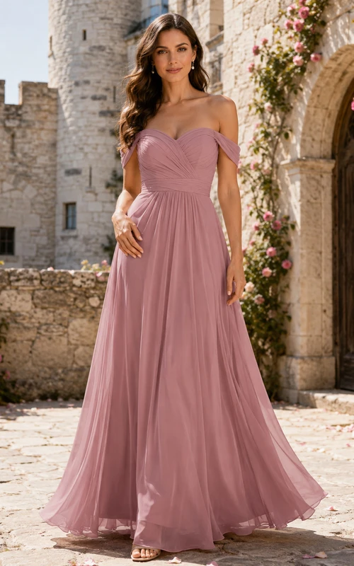 Castle Dusty Rose Off-Shoulder Chiffon A-Line Floor-Length Bridesmaid Dress Romantic Elegant Off-the-shoulder