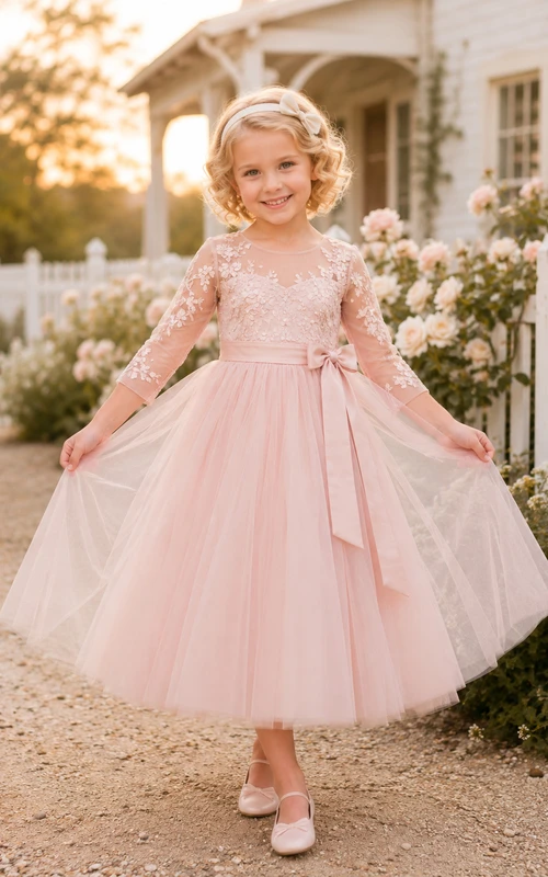 A-Line Flowergirl Pink Tulle Floor-Length Long Sleeve Sash Farmhouse Wedding Dress