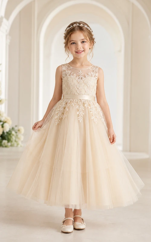Flower Girl Dress Champagne Lace Tulle A-Line Jewel Neck Tea Length