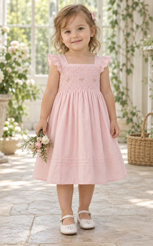Rosa A-Linien-Kleid im Landhausstil mit eckigem Ausschnitt, gerafften Rüschenärmeln und knielangem Bündchensaum für Blumenmädchen
