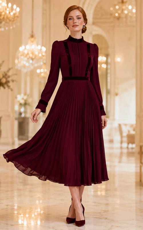 Vestido de invitada de gasa plisada de cuello alto color burdeos, largo hasta la rodilla