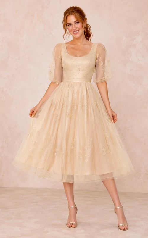 Champagne Square Neck Short Sleeve Tulle A-Line Tea-Length Dress