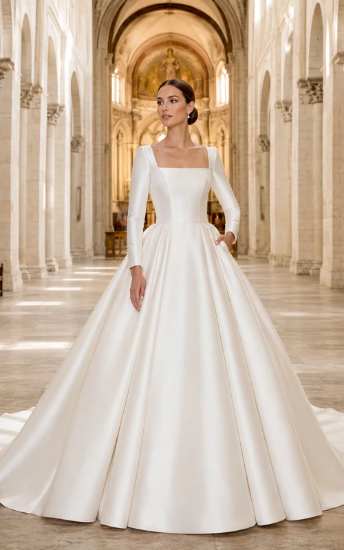 Vestido de gala catedral de satén con cuello cuadrado y manga larga
