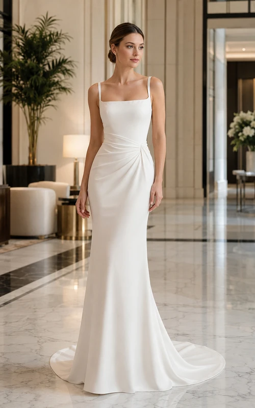 Square Neck Satin Mermaid Wedding Dress with Side Draping