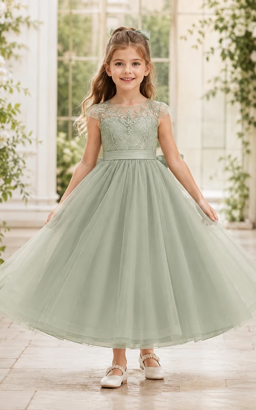 Sage Lace Bodice Tulle A-Line Flower Girl Dress with Short Sleeves, Jewel Neck, Tea-Length Skirt and Bow Detail