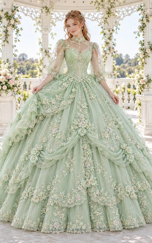 Robe de bal victorienne vert menthe à manches illusion et imprimé floral pour quinceañera