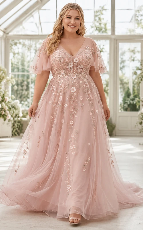 Robe de mariée non traditionnelle grande taille rose poudré à col en V, manches cape fleuries et tulle, coupe trapèze.