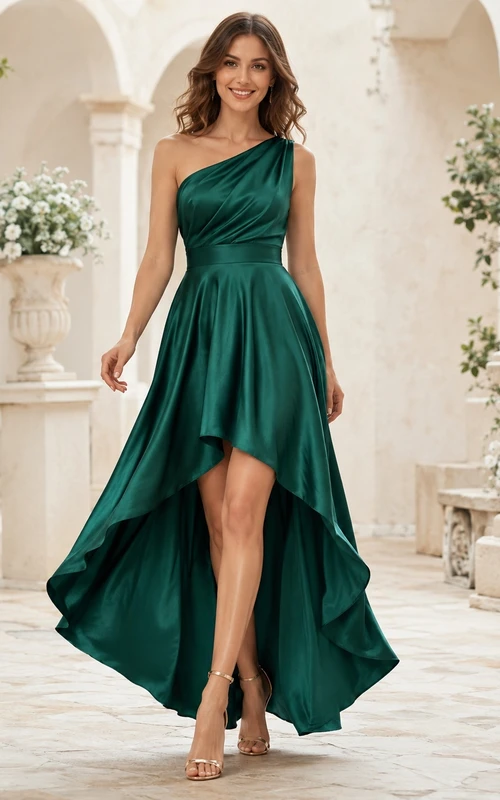 Emerald One-Shoulder Draped Satin High-Low A-Line Evening Formal Dress