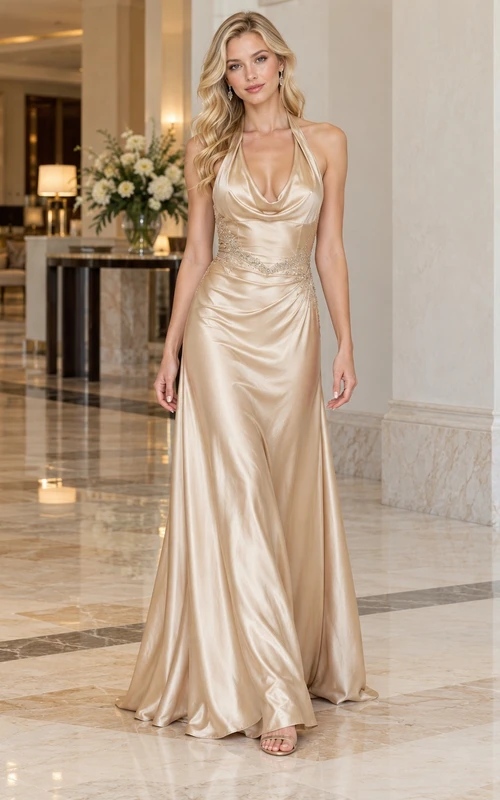 Robe de soirée longue en satin champagne à col bénitier et fronces, années 2000
