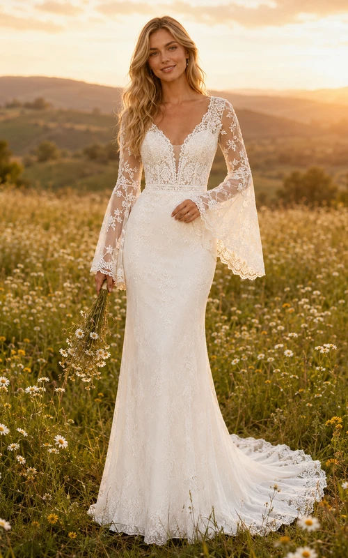 Boho-Etuikleid mit langen Glockenärmeln, Spitze und Wiesenmuster für eine intime Hochzeit
