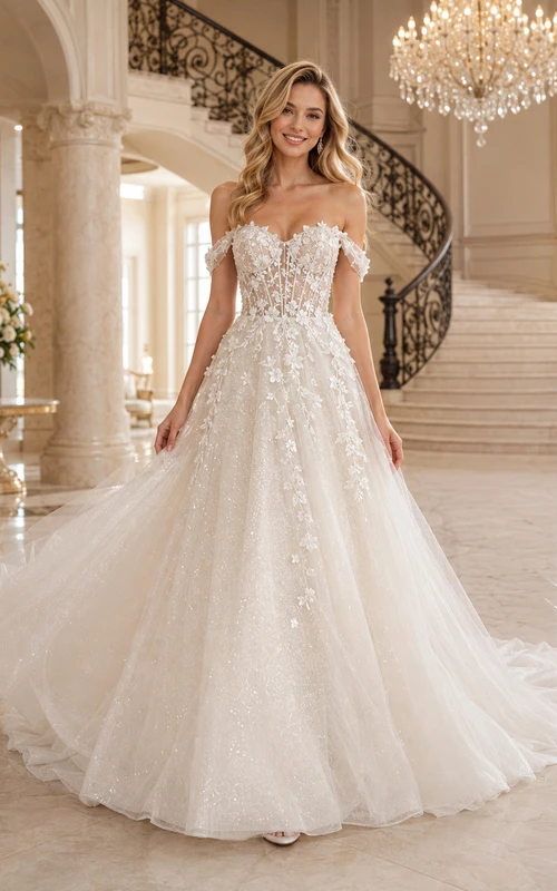 Robe de mariée romantique de luxe en dentelle florale à épaules dénudées et coupe trapèze, avec traîne chapelle, style A.