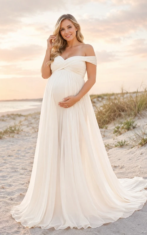Maternity Empire Beach Off-shoulder Chiffon Sweep Train Photoshoot Gown