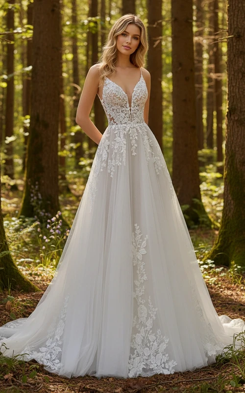 A-Linien-Brautkleid mit Spaghettiträgern, floralen Applikationen und tiefem V-Ausschnitt aus Tüll im Boho-Stil