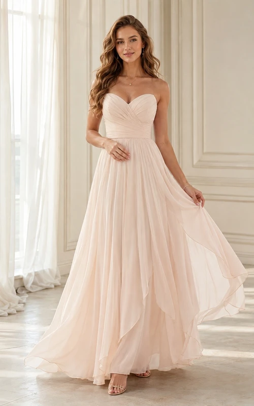 Robe de soirée romantique en mousseline rose poudré, décolleté cœur, sans manches, plissée, coupe trapèze, fluide, longue jusqu'au sol