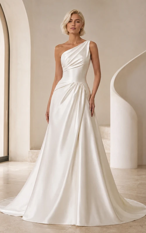 Robe de mariée moderne en satin, asymétrique, sans manches, coupe trapèze, drapée, style chapelle.