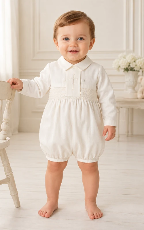 White Embroidered Bib Long Sleeve Peter Collar Blessing Romper for Baby Boy