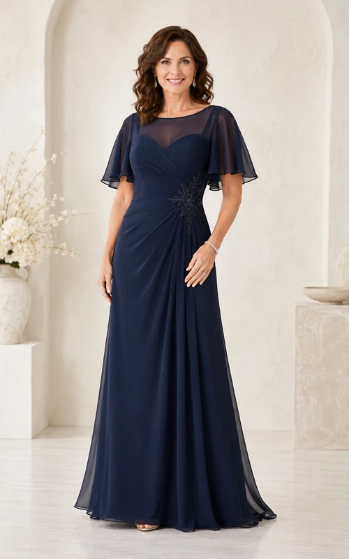 MOB-Kleid Dunkelblauer Chiffon A-Linie Kurzarm U-Boot-Ausschnitt Bodenlang Gerafft