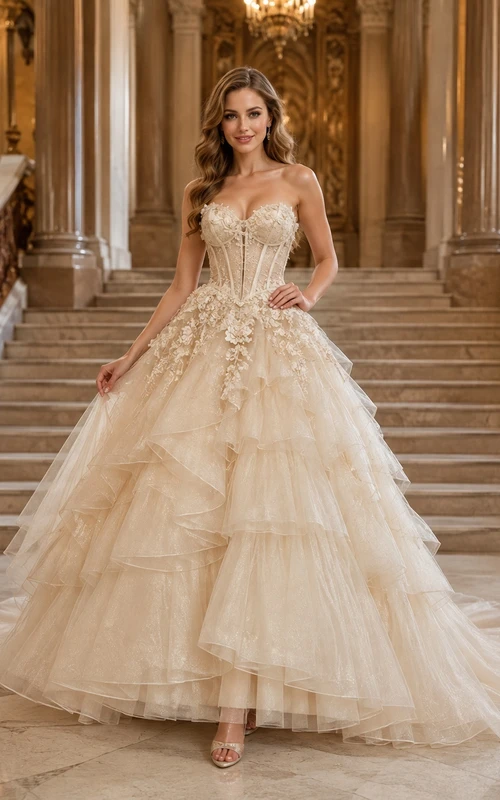 Strapless Sweetheart Layered Tulle Ball Gown Sweep Train Luxury Romantic Wedding Dress