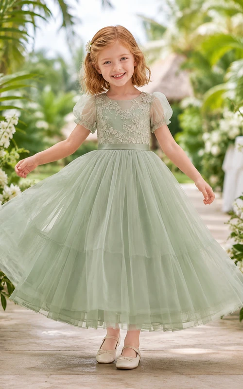 Bohemian Elegant Flower Girl Dress High Neck Cap Sleeve Sage Lace Tulle Floor Length Bow