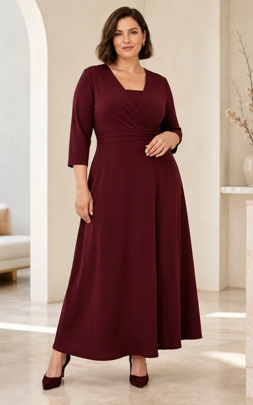 Burgundy Plus Size Modest V-Neck Three-Quarter Sleeve Chiffon A-Line Dress