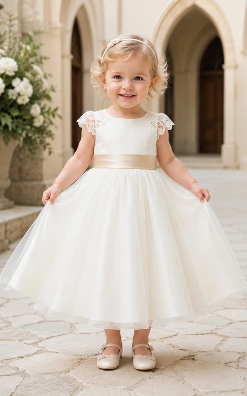 Baby Baptism Christening Ceremony Dress A-Line Tea-Length Jewel Neck Short Sleeve Tulle Ribbon Sash Bow Back Button Back