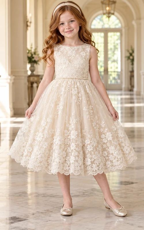 Vestido de niña de flores vintage de corte A, largo hasta la rodilla, color marfil, con estampado floral, encaje y sin mangas con borde festoneado.