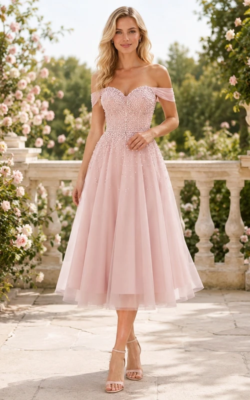 Teelanges, schulterfreies, romantisches Cocktailkleid aus rosa Tüll mit Perlenbesatz