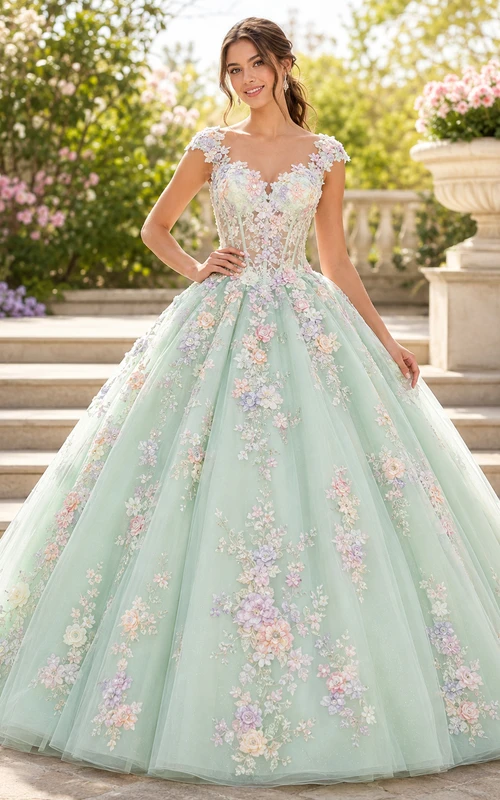 Vestido de princesa de quinceañera con mangas cortas, escote redondo y encaje floral en tonos pastel, color verde menta.