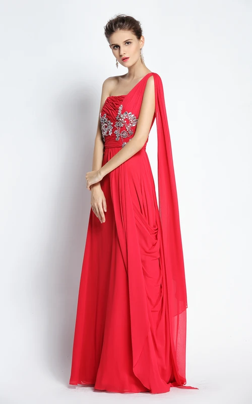 A-Linien-Abendkleid aus Chiffon, bodenlang, ärmellos, mit einer Schulter, Perlenstickerei und Drapierung